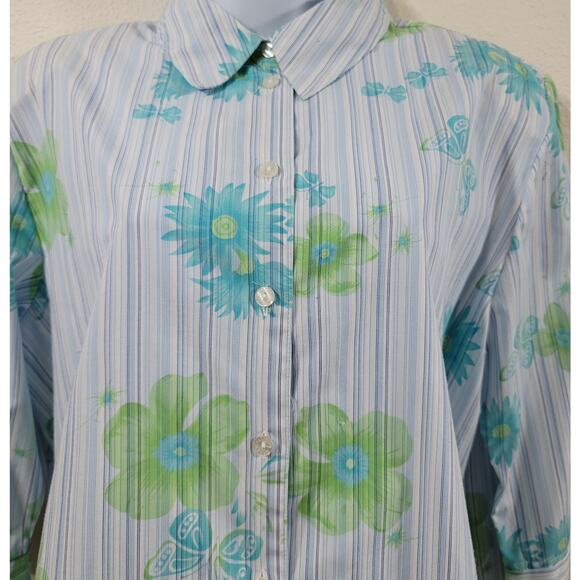 Allison Daley Blue Green Striped Floral Butterflies Button Up Top 16 Lightweight - Picture 2 of 4